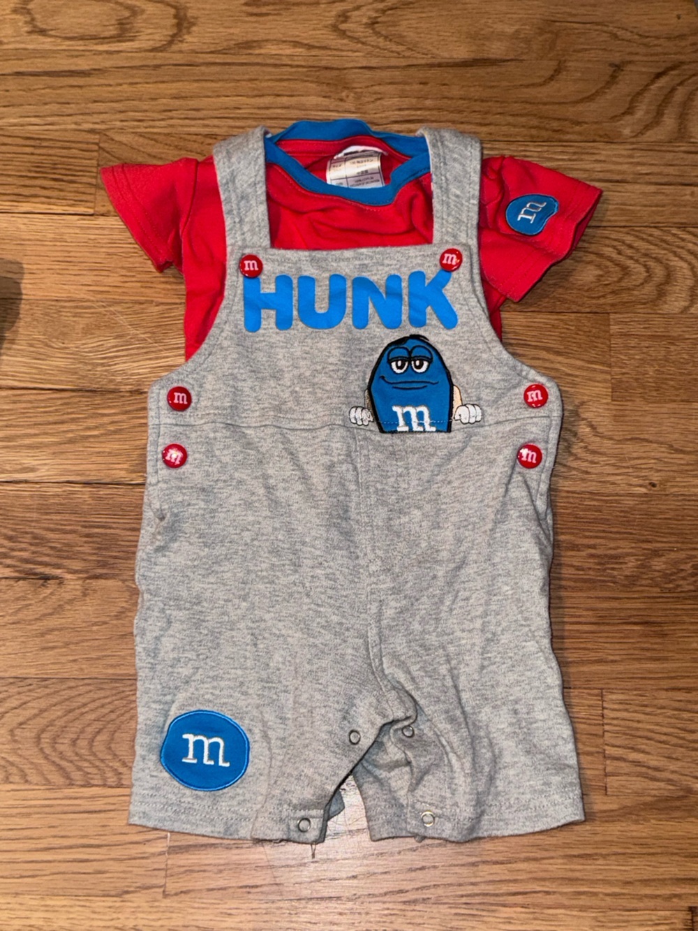 Vintage Gray & Red Baby Romper with Blue 'HUNK' M&M Patch